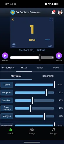 Recording studio mixer with per-instrument levels