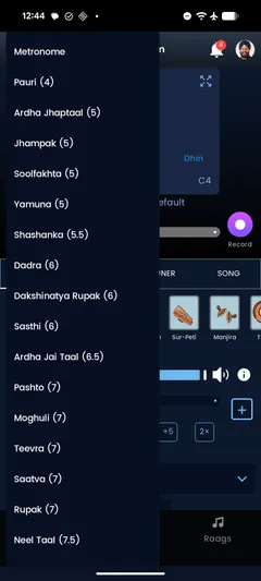 Taal selection list with beat counts